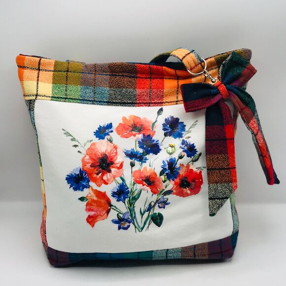 Handmade Tote Bag: Repurposed, Bright Bouquet on Plaid, Orange Blue Yellow Green - Picture 4 of 10